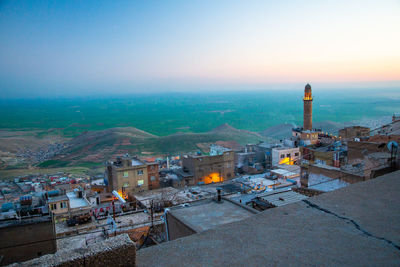 High angle view of buildings in city