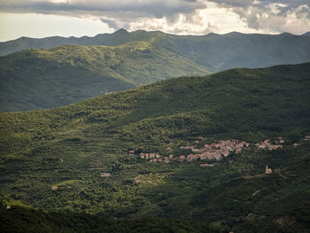 Italy, liguria landscape with mountains trees and villages of the village of vellego