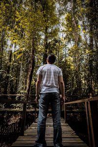 Full length rear view of man standing against trees