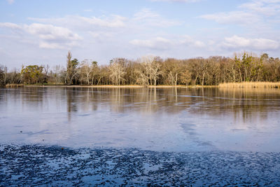 Scenic view of lake against cloudy sky