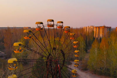 Main square of abandoned city pripyat at sunset. exclusion zone near chernobyl nuclear power plant.