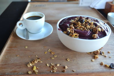 High angle view of breakfast on table