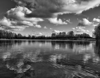 Scenic view of calm lake against cloudy sky