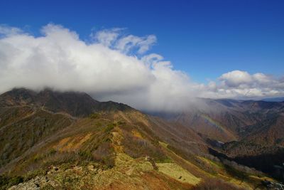 Scenic view of mountains against cloudy sky