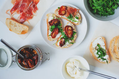 High angle view of food served on table