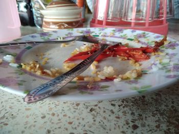 High angle view of meal served on table