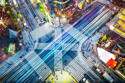 High angle view of city street at night