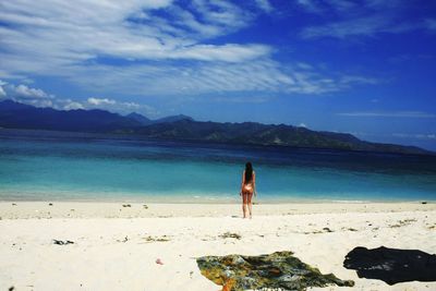 Rear view of woman on beach against sky