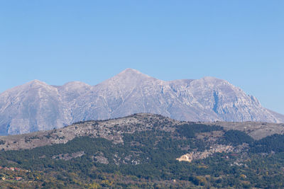 Scenic view of mountains against clear blue sky