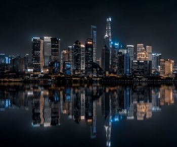 Reflection of illuminated buildings in city at night