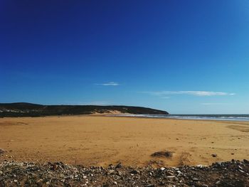 Scenic view of beach against clear blue sky