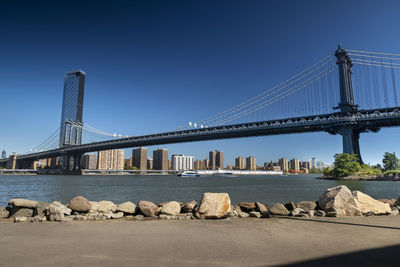 Suspension bridge over sea against sky