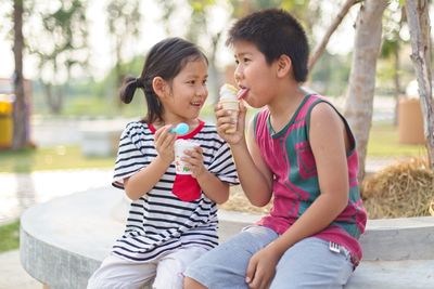 Siblings eating ice cream while sitting on retaining wall at park