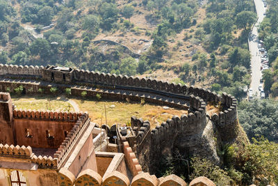 High angle view of townscape against mountain