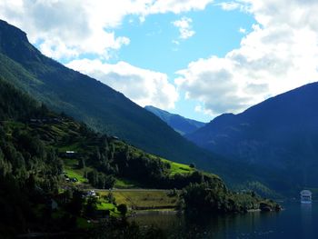 Scenic view of lake and mountains against sky