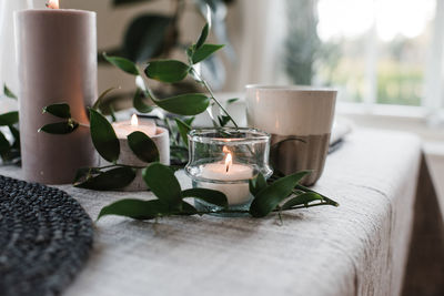 Tea light on a romantic dinner table for two