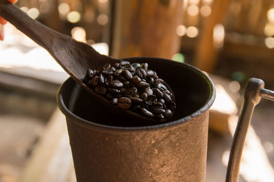Roasted coffee beans scooped with a spoon
