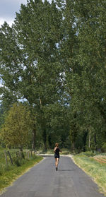 Rear view of woman walking on road amidst trees