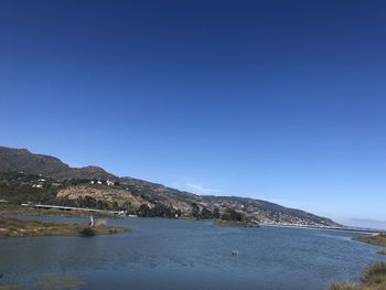 Scenic view of sea against clear blue sky