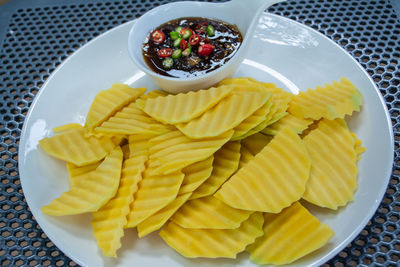 High angle view of breakfast served on table