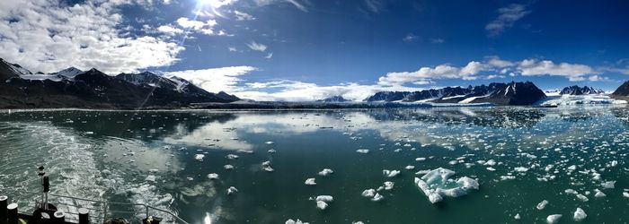 Svalbard fjord reflection panorama with ice floes
