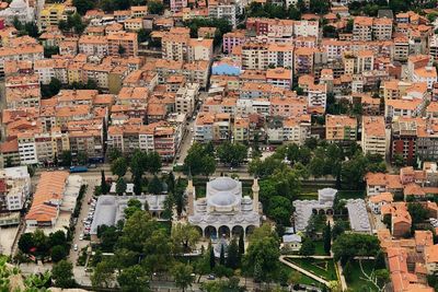 High angle view of buildings in city