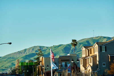 View of buildings against clear blue sky