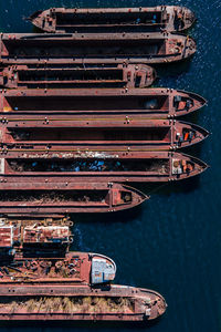 High angle view of old ship moored at sea