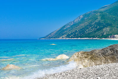 Scenic view of sea against clear blue sky