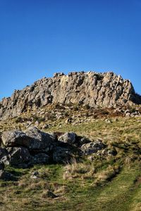 Rock formations on landscape against clear blue sky