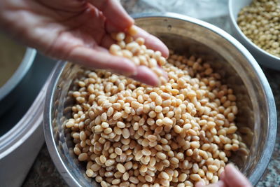 High angle view of person preparing food in container