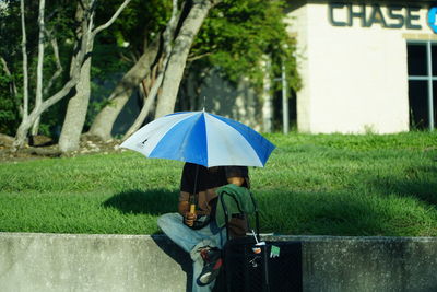 Man with umbrella on grass