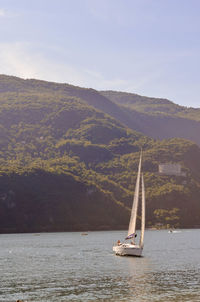 Sailboat sailing on sea against sky