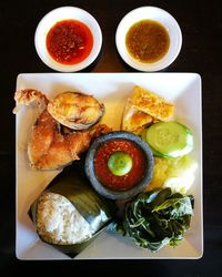 Directly above shot of meal served on table