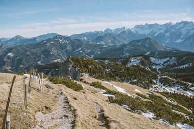 Scenic view of snowcapped mountains against sky