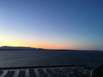 Scenic view of landscape against clear sky at sunset