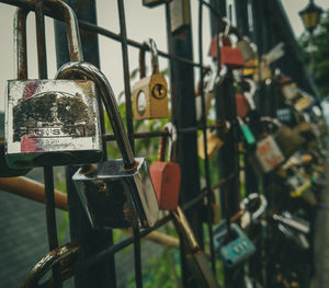 Close-up of padlocks hanging on railing