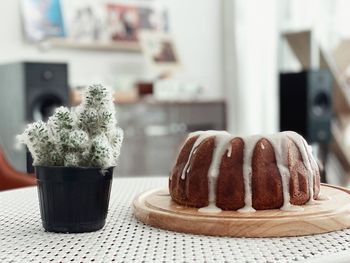 Close-up of dessert served on table