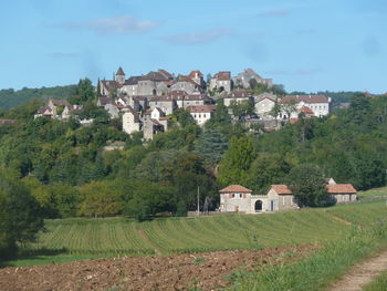 Houses on field by townscape against sky