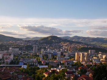 High angle view of buildings in city