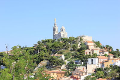 High angle view of townscape against clear sky