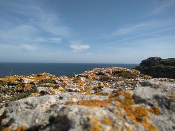 Rocks on beach against sky