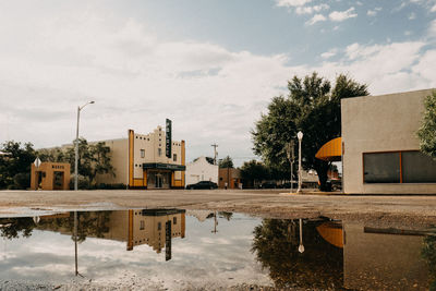 Reflection of building on puddle in city