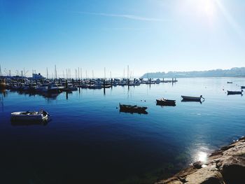 Sailboats moored in harbor against sky