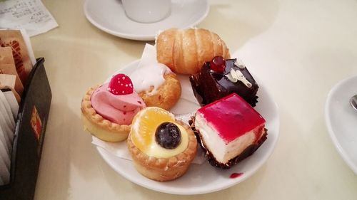 High angle view of dessert in plate on table