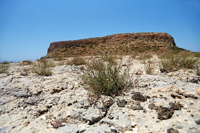 Surface level of rocks against clear blue sky