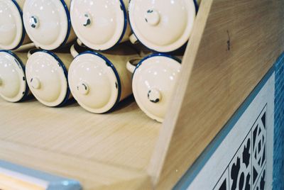 High angle view of coins on table