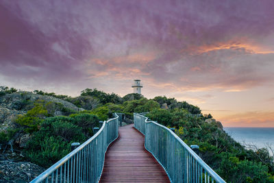 Footbridge amidst plants against sky during sunset