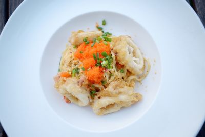 High angle view of food in plate