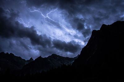 Scenic view of silhouette mountains against sky at night